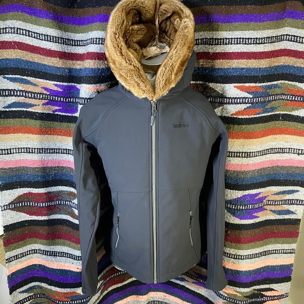 Marmot Softshell Jacket with Faux Fur Hood Gray Full Zip Winter Outdoor Coat